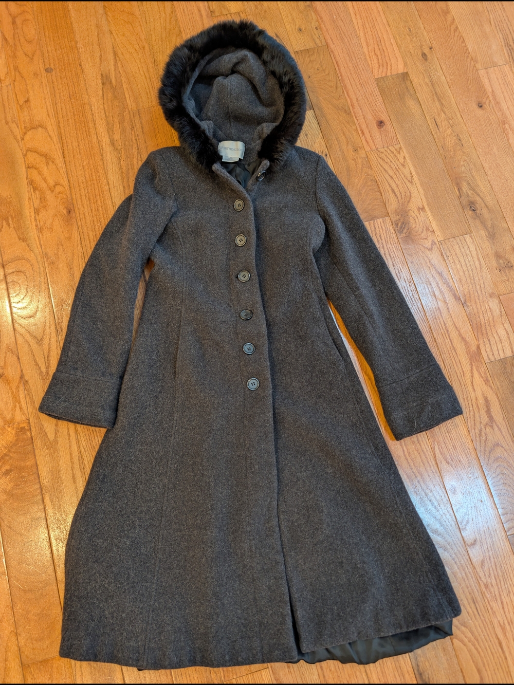 VTG Worthington Petite Wool Gray Trench Coat Real Rabbit Fur Hood 4P